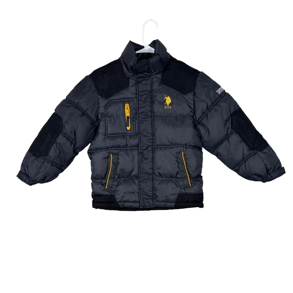 US Polo Assn Boys Puffer Jacket Black Yellow Ripstop Fleece Lined Size L 7 USPA